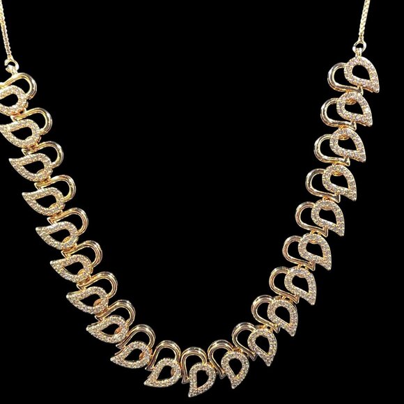 Dainty Rose Gold Rhinestone Leaf Necklace Coquette Elegant Vintage Glam Jewelry - Picture 2 of 8